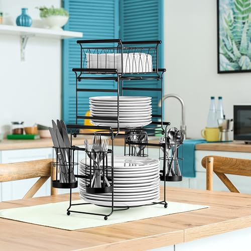 Sorbus Buffet Caddy — 7-Piece Stackable Set Includes Plate, Napkin, and Silverware Holder, 3-Tier Detachable Tabletop Organizer Ideal for Kitchen, Dining, Entertaining, Parties, Thanksgiving