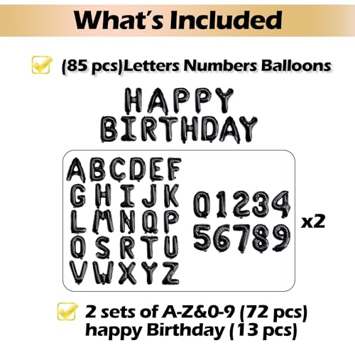 85 PCS 16" Letter Number Balloons, Happy Birthday & 2 Sets of A-Z 0-9, Foil Mylar Aluminum Hanging Alphabet for Graduation New Year eve Birthday Party Decorations