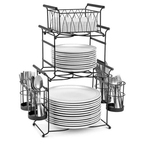 Sorbus Buffet Caddy — 7-Piece Stackable Set Includes Plate, Napkin, and Silverware Holder, 3-Tier Detachable Tabletop Organizer Ideal for Kitchen, Dining, Entertaining, Parties, Thanksgiving
