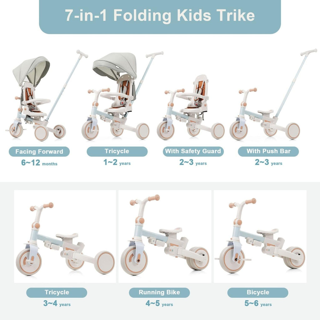 7 in 1 Baby Tricycle with Parent Push Handle, Foldable Toddler Trike with Removable Adjustable Handlebar, Kids Stroller Bike with Sun Canopy Storage Basket for Ages 1 to 5