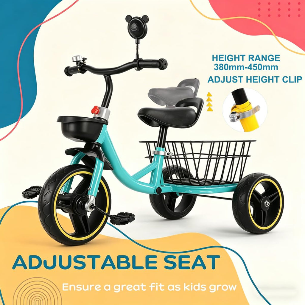 Kids Tricycle for Aged 1-4,Carbon Steel Frame Foam Wheels Triangular Structure Ride-On Toy,Three Wheels Trike with Adjustable Seat Front Rear Storage Baskets,Max Load 55lbs
