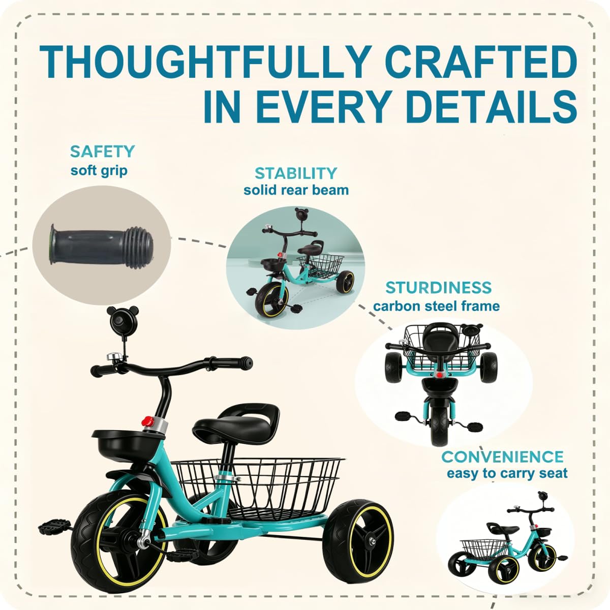 Kids Tricycle for Aged 1-4,Carbon Steel Frame Foam Wheels Triangular Structure Ride-On Toy,Three Wheels Trike with Adjustable Seat Front Rear Storage Baskets,Max Load 55lbs