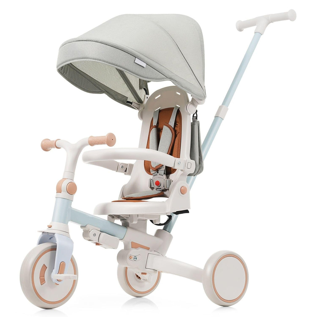 7 in 1 Baby Tricycle with Parent Push Handle, Foldable Toddler Trike with Removable Adjustable Handlebar, Kids Stroller Bike with Sun Canopy Storage Basket for Ages 1 to 5