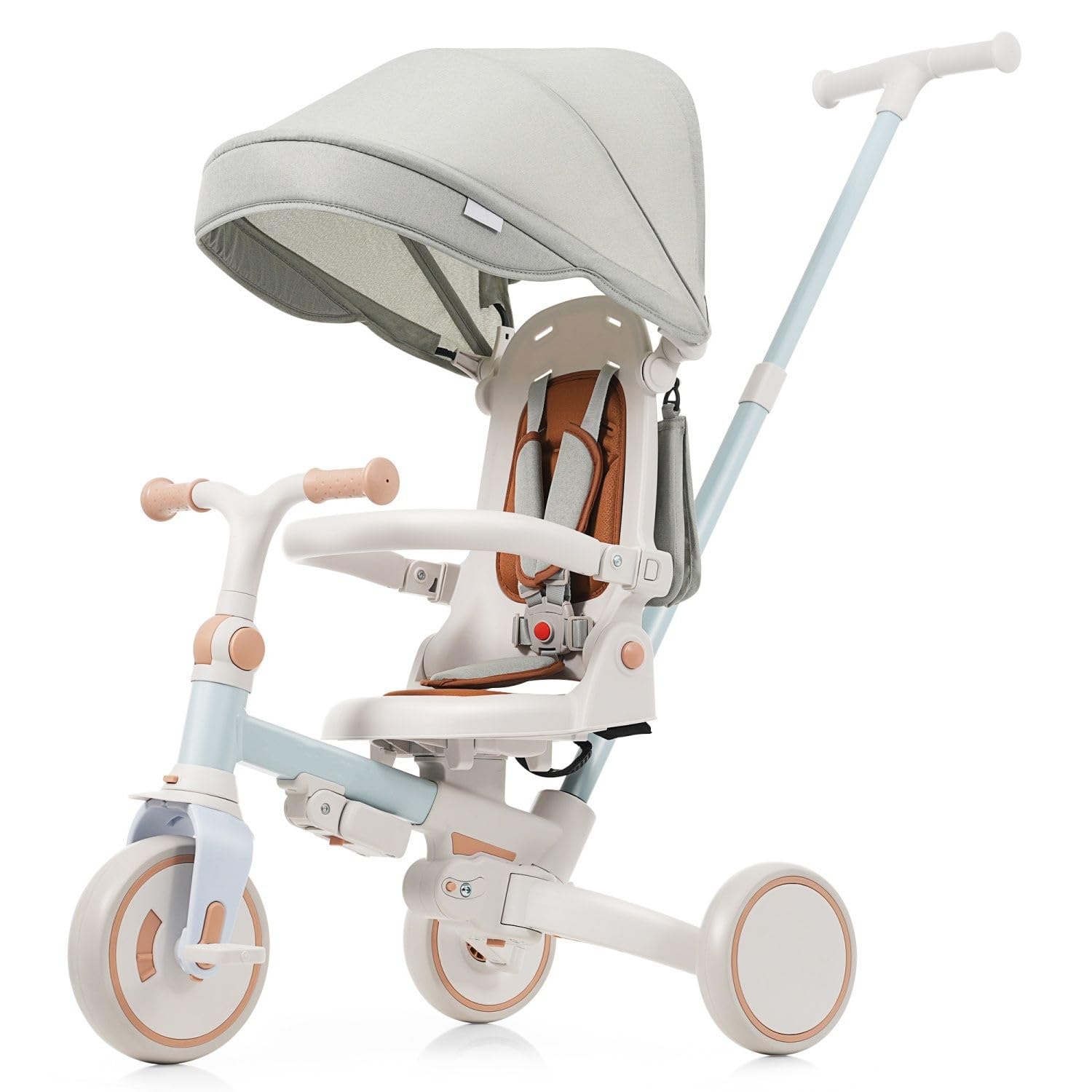 7 in 1 Baby Tricycle with Parent Push Handle, Foldable Toddler Trike with Removable Adjustable Handlebar, Kids Stroller Bike with Sun Canopy Storage Basket for Ages 1 to 5