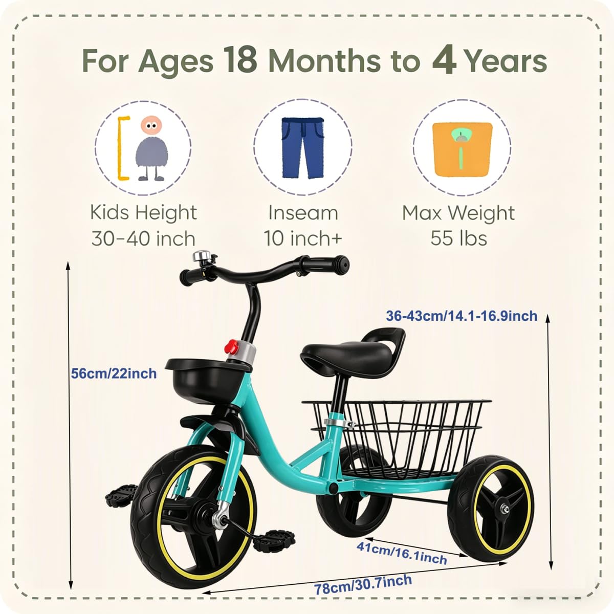 Kids Tricycle for Aged 1-4,Carbon Steel Frame Foam Wheels Triangular Structure Ride-On Toy,Three Wheels Trike with Adjustable Seat Front Rear Storage Baskets,Max Load 55lbs