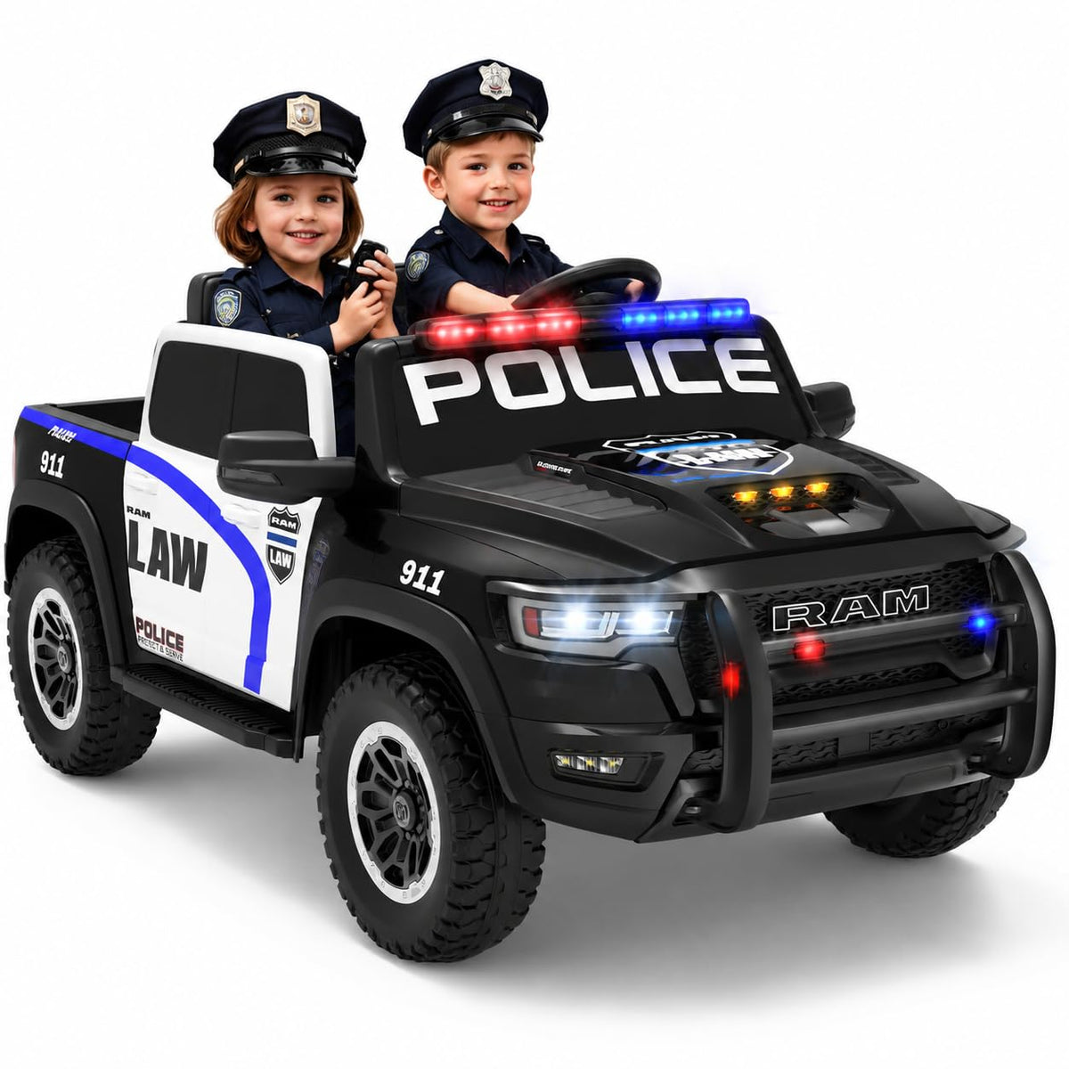 Licensed Ram 1500 RHO 24V Kids Ride on Car, 2-Seater Firetruck and Police Ride on Car with Remote Control, Electric Car for Kids with Siren, Flashing Lights, Bed Storage 180W