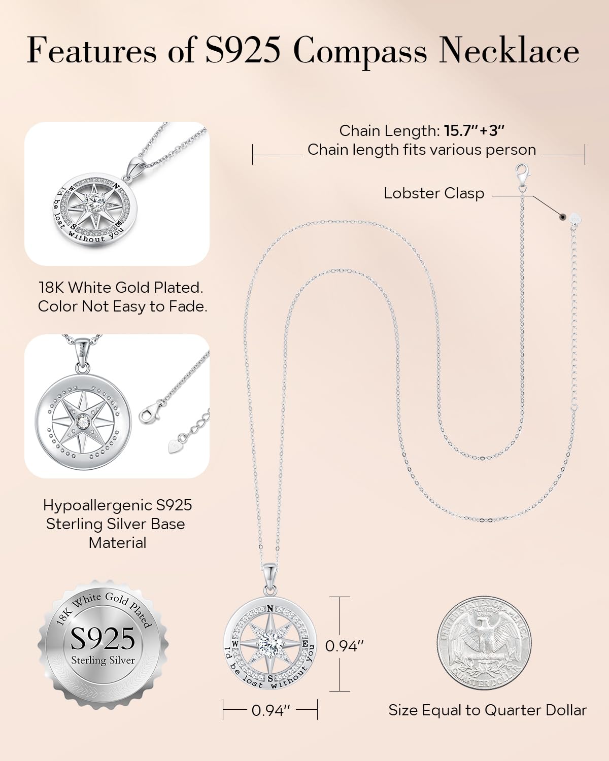 Compass Necklace Women, Gifts Anniversary Wife, 925 Silver Love Jewelry Her