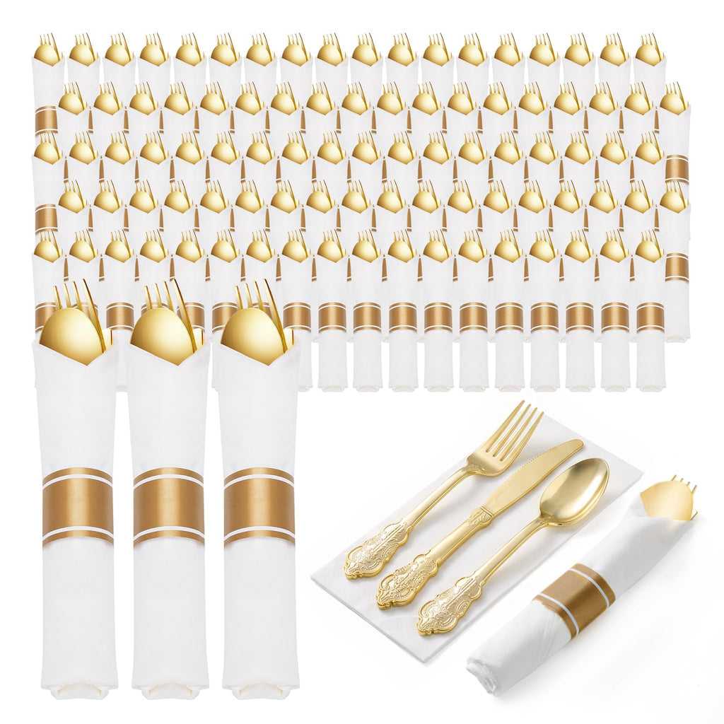 Bestluck Plastic Silverware with Pre Rolled Napkin