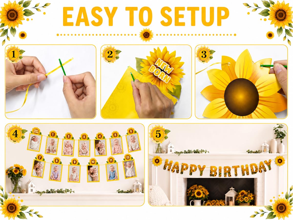 Msvphink Sunflower 1st Birthday Photo Banner Set – 29 pcs, Newborn to 12 Months Milestone Banner, Happy Birthday Banner & Gold "one" Cake Topper, 4x6 5x7 Photos, Baby Boy Girl First Birthday Decorations