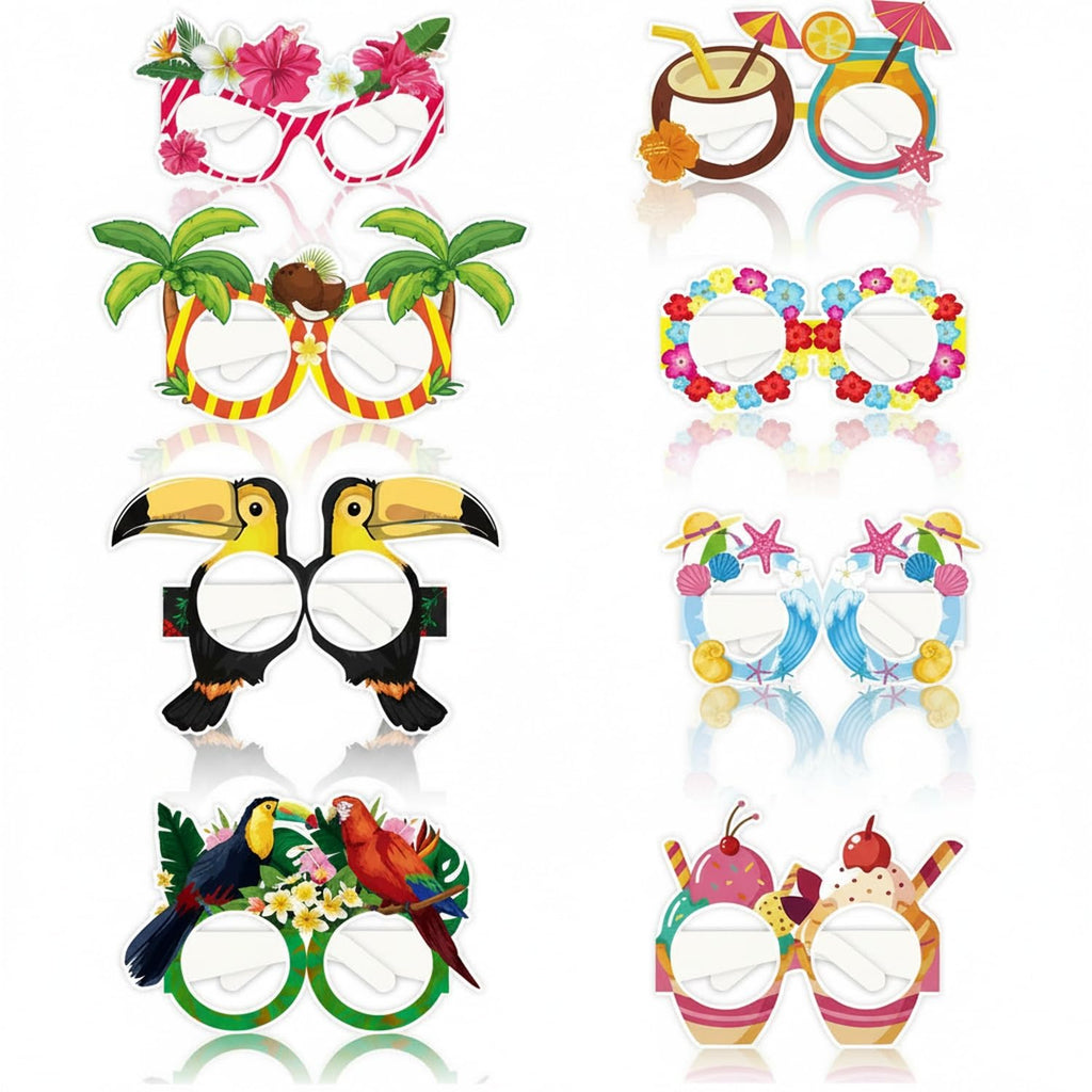 Syyavrrta Paper Photo Booth Props, Hawaiian Themed Wearable Cutouts for Luau and Beach Parties, 8-Piece Set with Tropical Designs