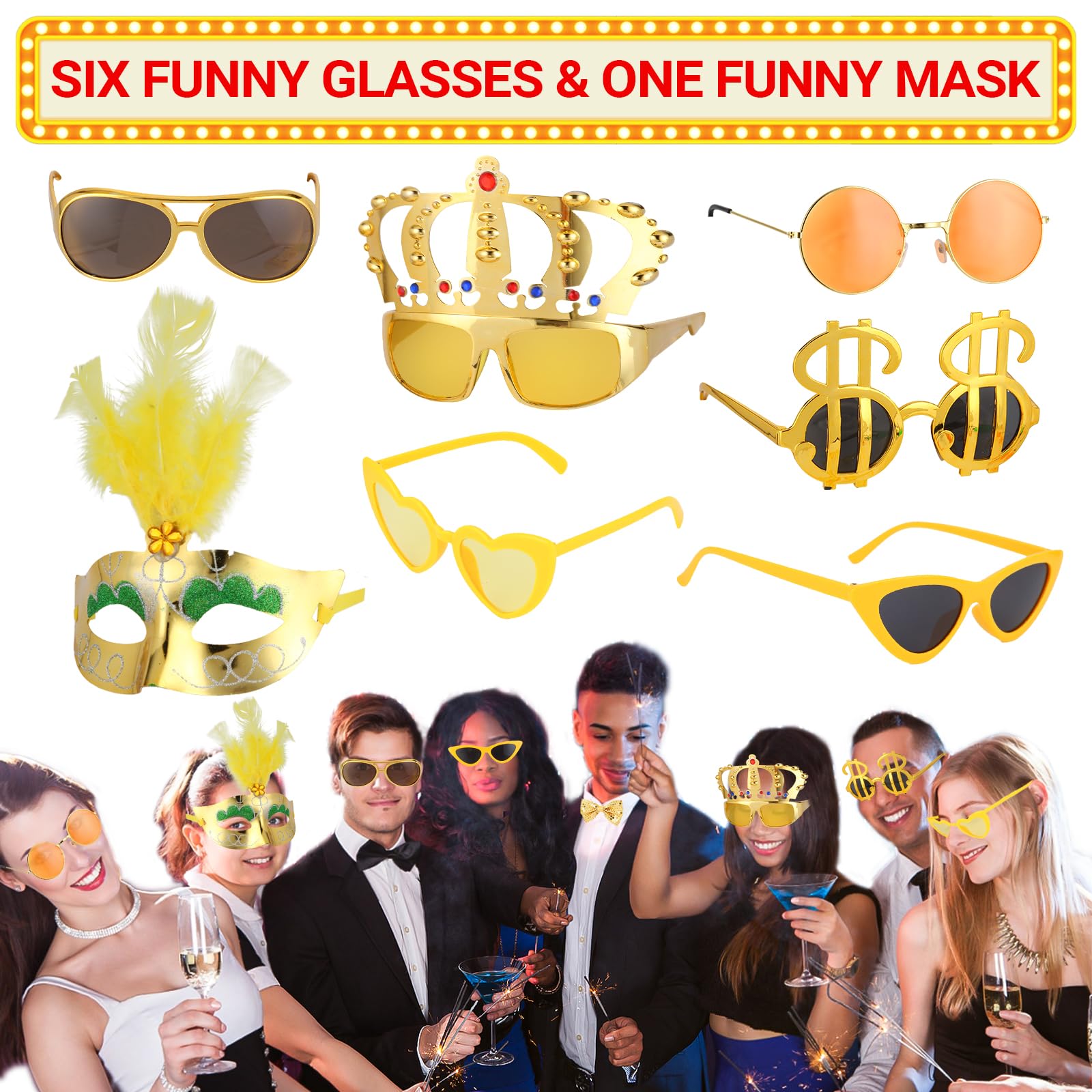 Premium Gold Photo Booth Props Set, Luxury Black & Gold Party Photo Booth Props Kit Accessories, Funny Hats and Glasses, Golden Wig, Inflatable for Graduation, Birthday, Wedding & Bachelorette