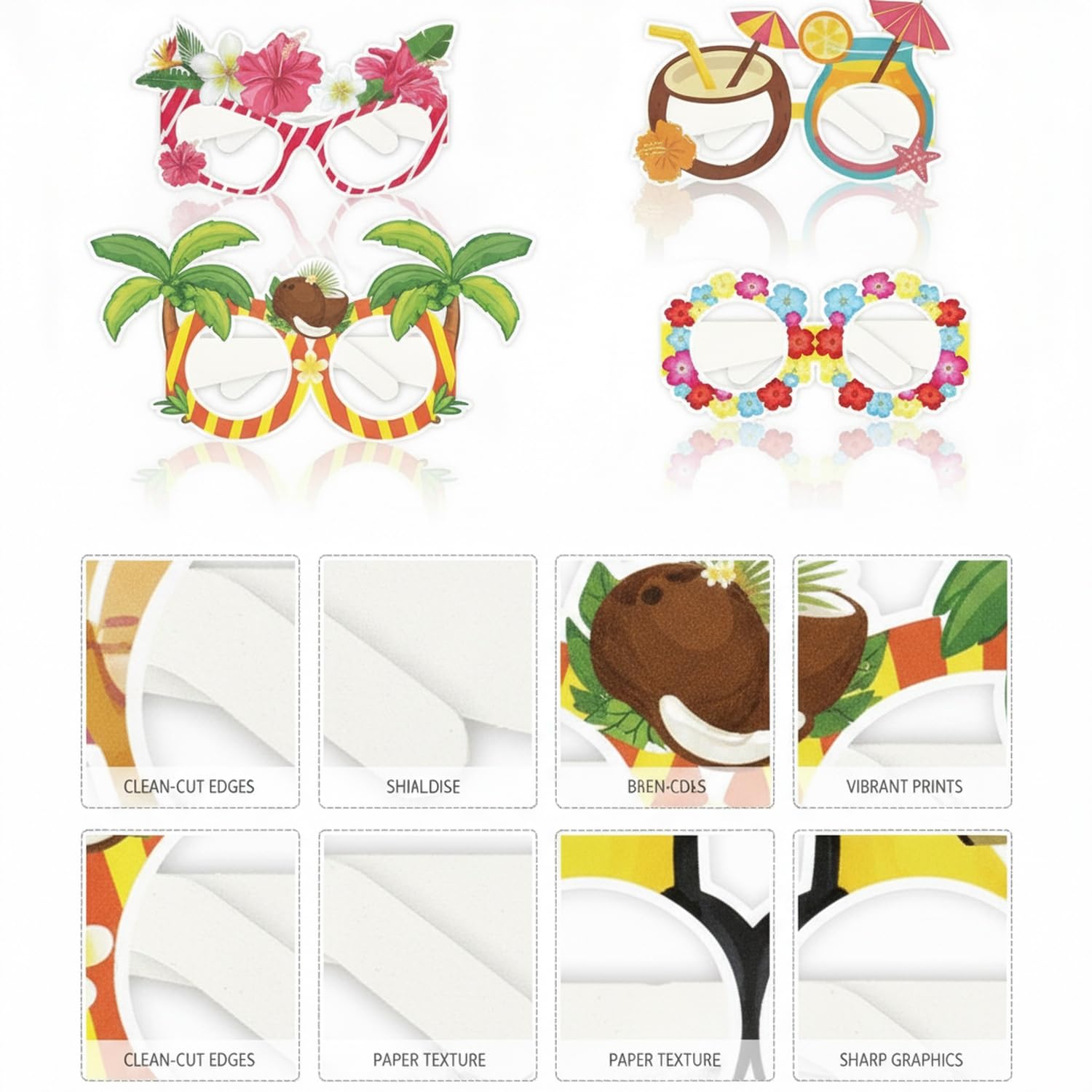 Syyavrrta Paper Photo Booth Props, Hawaiian Themed Wearable Cutouts for Luau and Beach Parties, 8-Piece Set with Tropical Designs