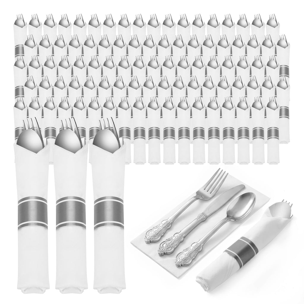Bestluck Plastic Silverware with Pre Rolled Napkin