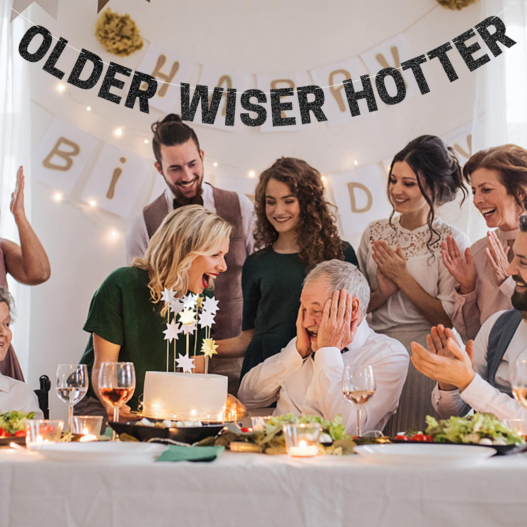 Older Wiser Hotter Banner, Red Glitter Birthday Celebration Decorations, DIY Birthday Banner Backdrop Wall Decor Party Supplies for 30th - 80th