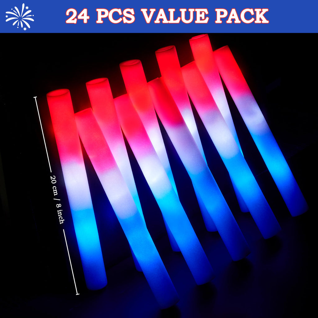 24-Piece 4th of July LED Foam Glow Sticks Party Favors