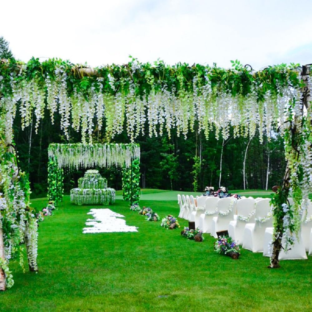 WEISPARK Fake Hanging Flowers - 12 Pieces 3.75 Feet/Piece Artificial Wisteria Vine Ratta Hanging Garland Silk Flowers for Home Party Wedding Decor