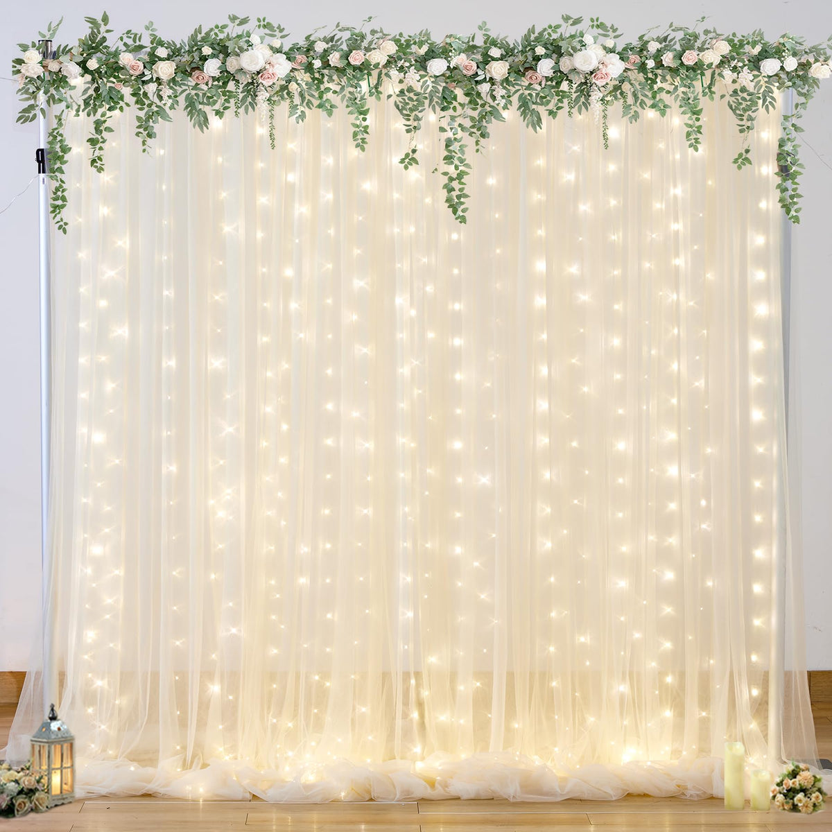 Sheer Tulle Backdrop Curtains with String Lights for Events