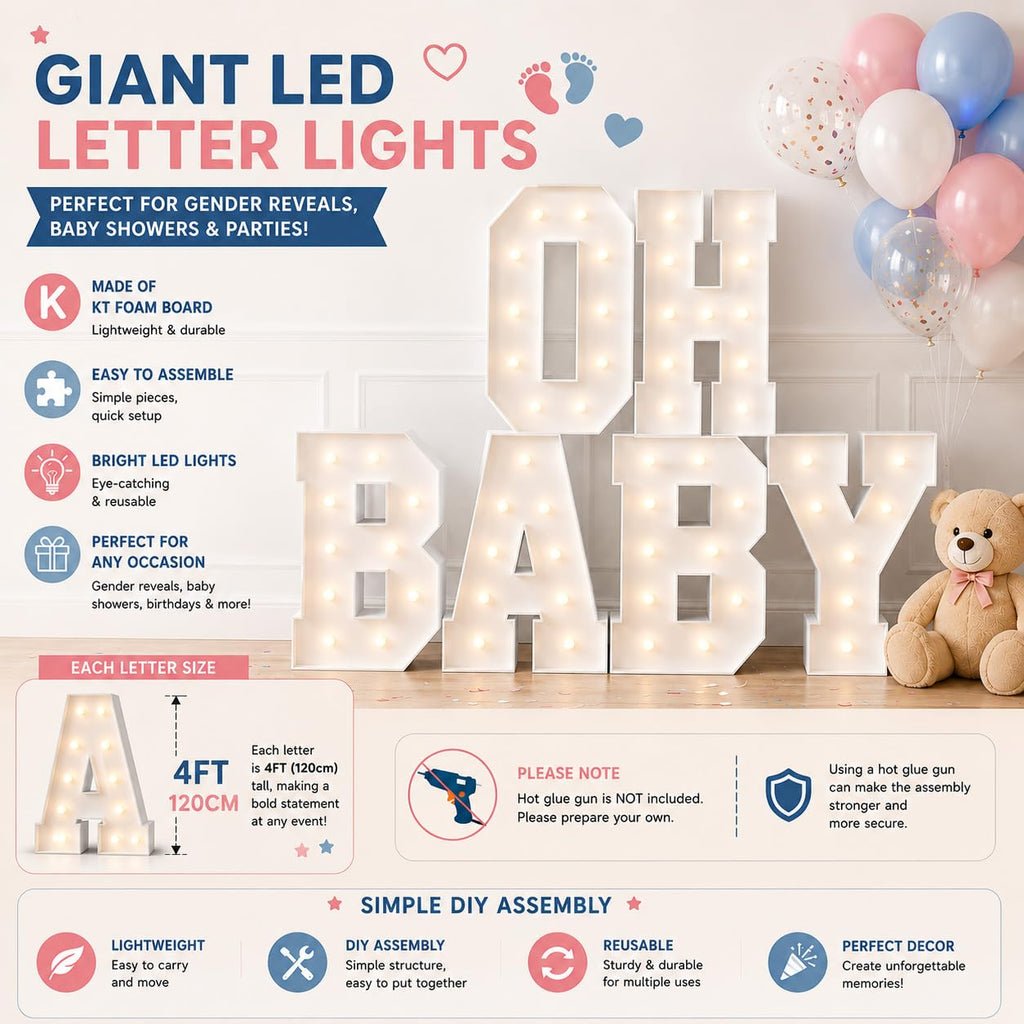 【OH Baby】 Letter 3FT/4FT, neon, Suitable for Birthday Parties, Baptism Day Commemorative Events, engagements, Wedding Parties, proposals, Event Decoration