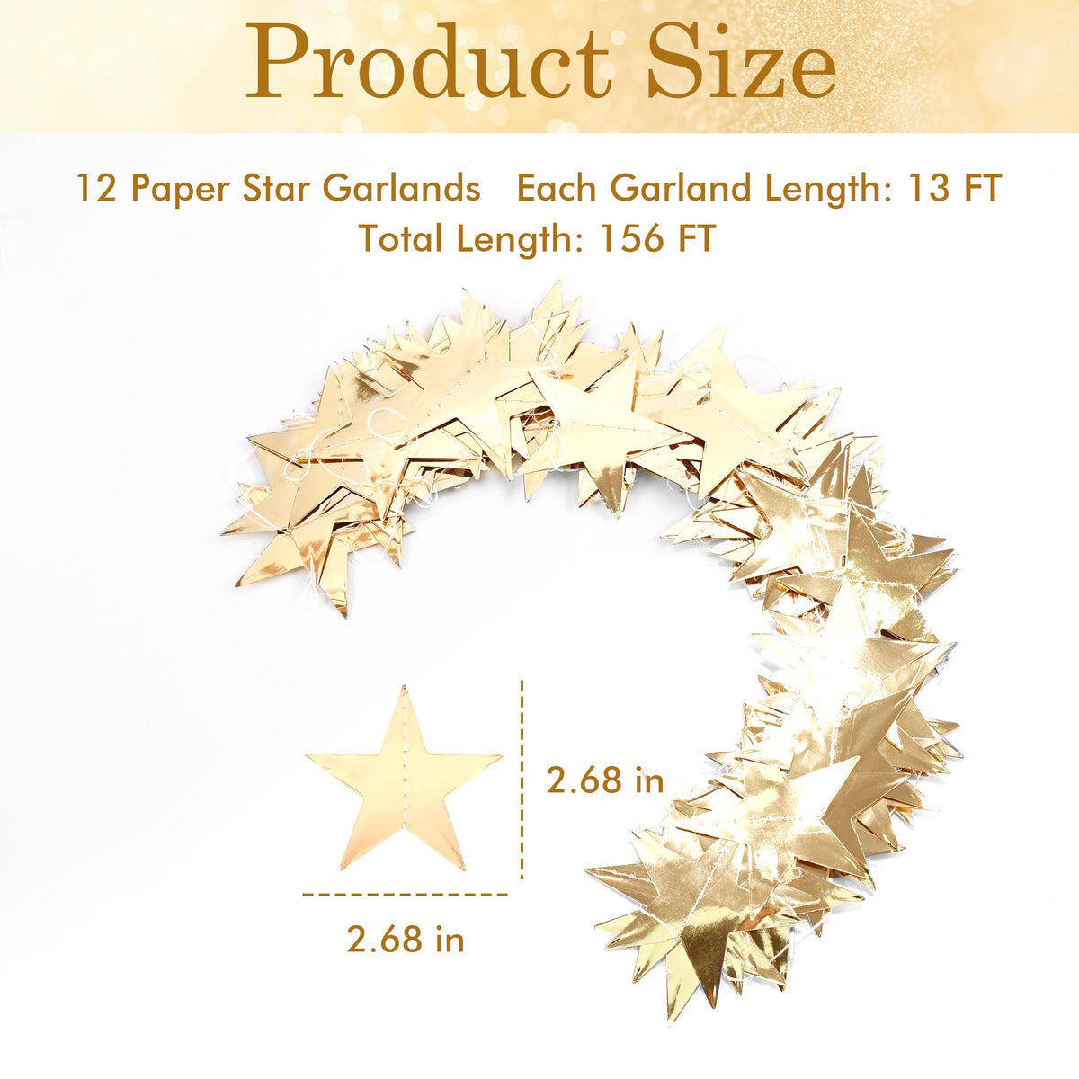 CANREVEL Pre-Strung Gold Star Garland Banner 156 Ft Hanging Star Decoration
