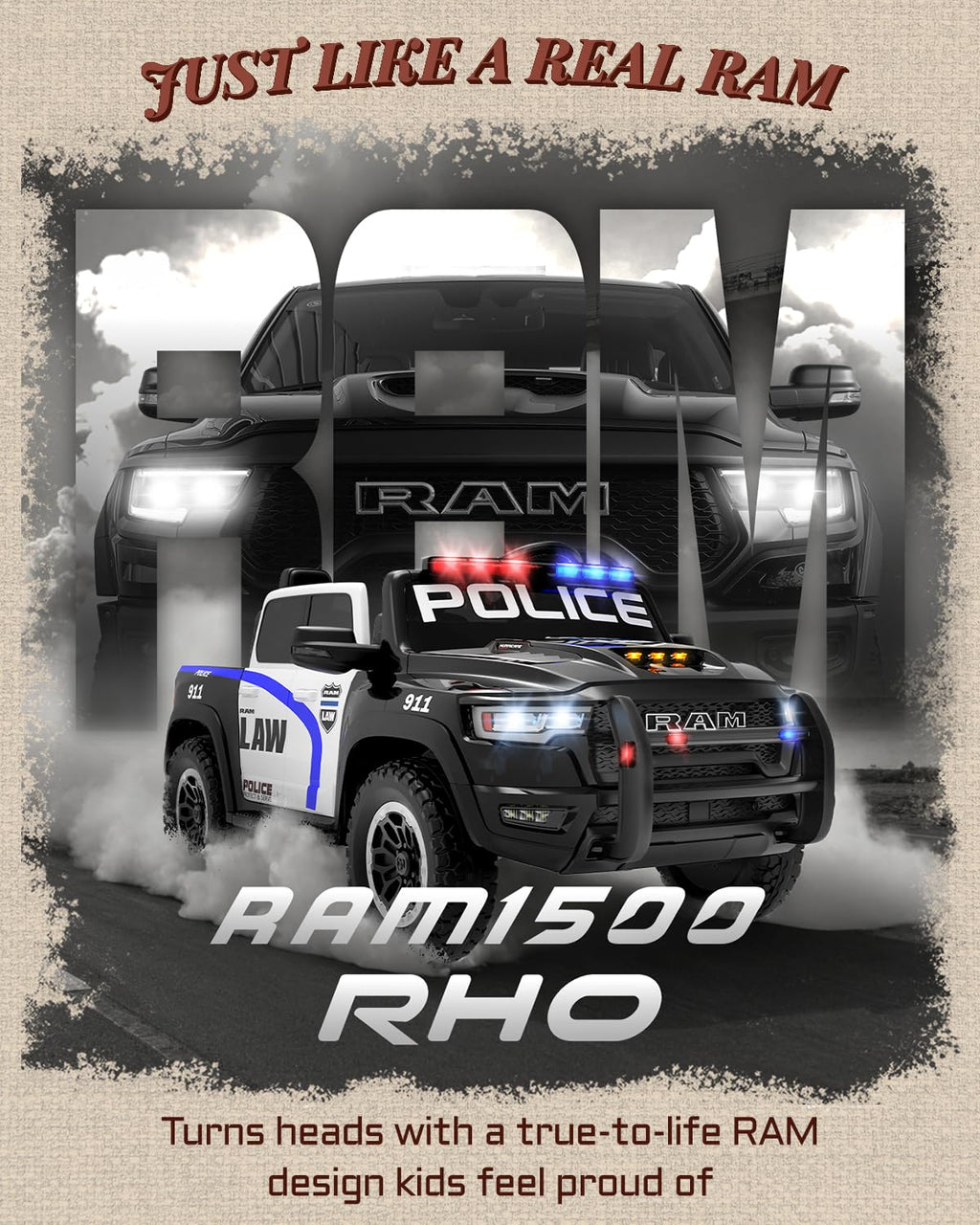 Licensed Ram 1500 RHO 24V Kids Ride on Car, 2-Seater Firetruck and Police Ride on Car with Remote Control, Electric Car for Kids with Siren, Flashing Lights, Bed Storage 180W