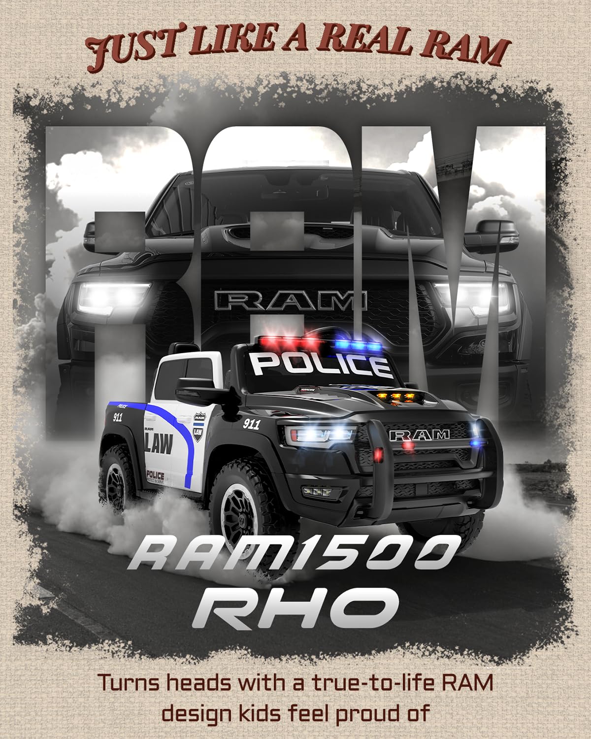 Licensed Ram 1500 RHO 24V Kids Ride on Car, 2-Seater Firetruck and Police Ride on Car with Remote Control, Electric Car for Kids with Siren, Flashing Lights, Bed Storage 180W