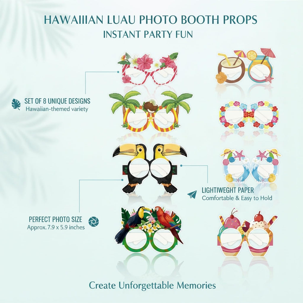 Syyavrrta Paper Photo Booth Props, Hawaiian Themed Wearable Cutouts for Luau and Beach Parties, 8-Piece Set with Tropical Designs