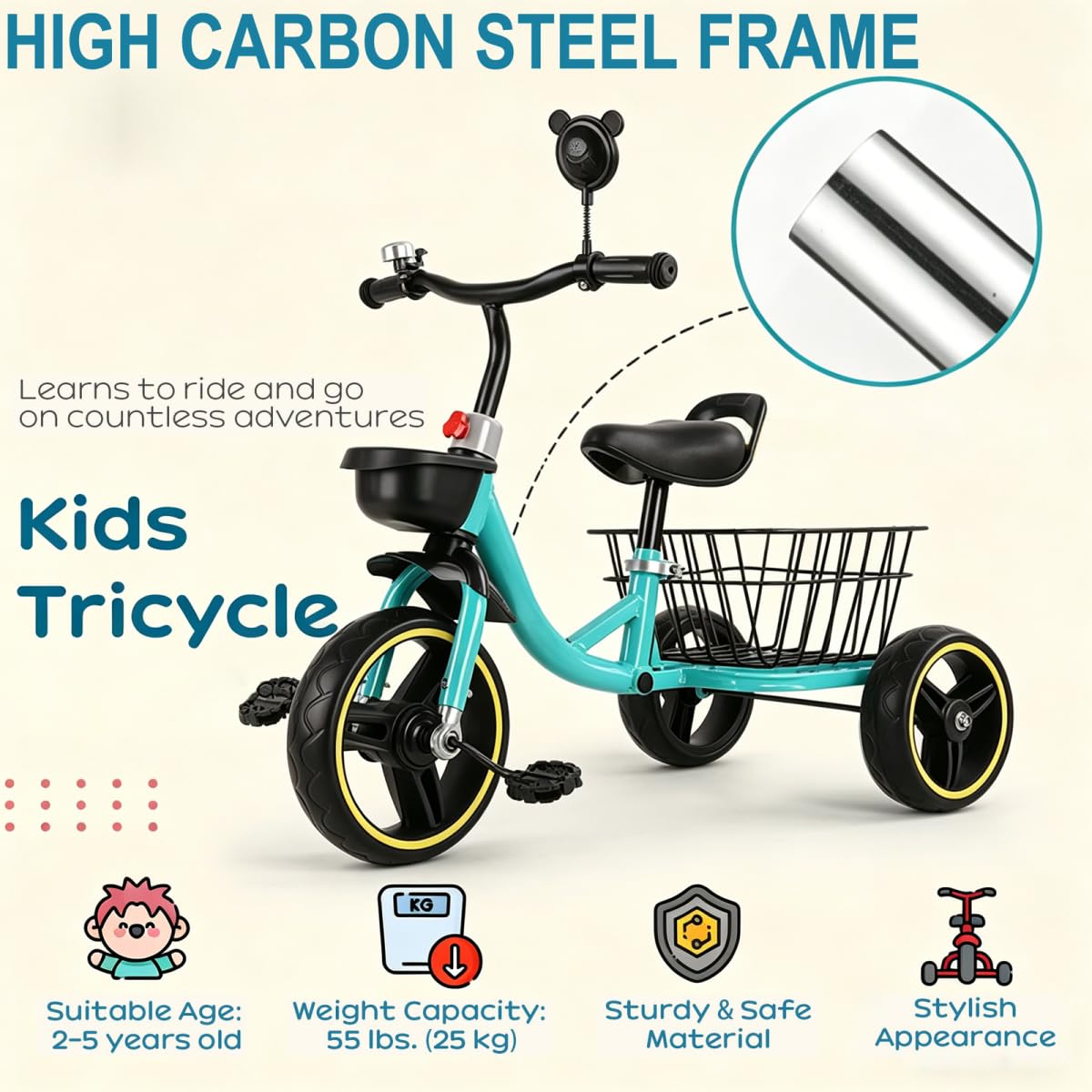 Kids Tricycle for Aged 1-4,Carbon Steel Frame Foam Wheels Triangular Structure Ride-On Toy,Three Wheels Trike with Adjustable Seat Front Rear Storage Baskets,Max Load 55lbs