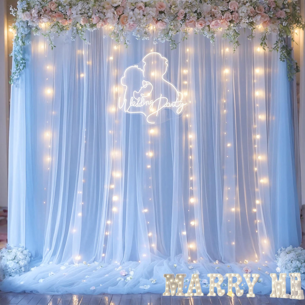 Sheer Tulle Backdrop Curtains with Lights String for Parites Wedding Chiffon Backdrop Curtain for Bridal Shower Baby Shower Birthday Party Photo Shoot Background Wall Decorations
