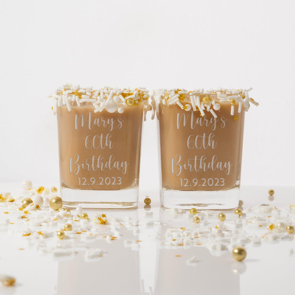 Custom 2 oz Shot Glass - Set of Glasses Personalized with Name and Birthday - Ideal for 21st, 30th, 40th, 50th Birthday Party Favors and Gifts