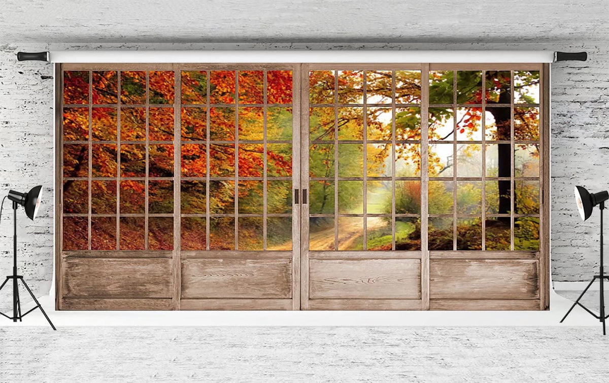 Kate 20x10ft Autumn Backdrop for Photography Window Sceney Maple Leaves Indoor Decoration Newborn Background Photo Studio Props