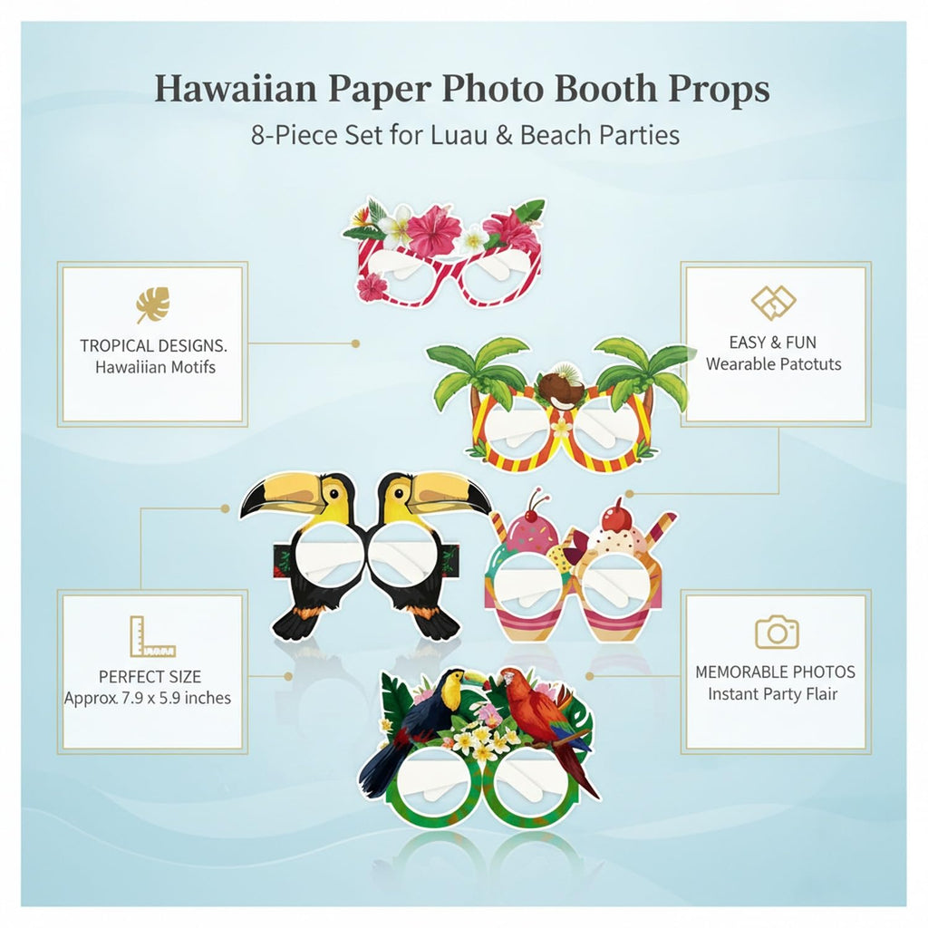 Syyavrrta Paper Photo Booth Props, Hawaiian Themed Wearable Cutouts for Luau and Beach Parties, 8-Piece Set with Tropical Designs