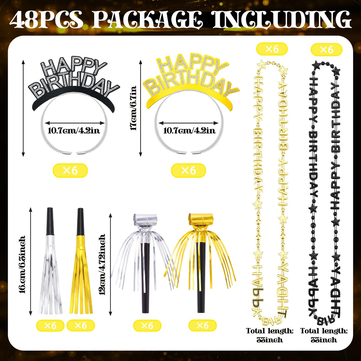 Poen 48 Pcs Black Gold Happy Birthday Party Supplies Kit Photo Booth Props