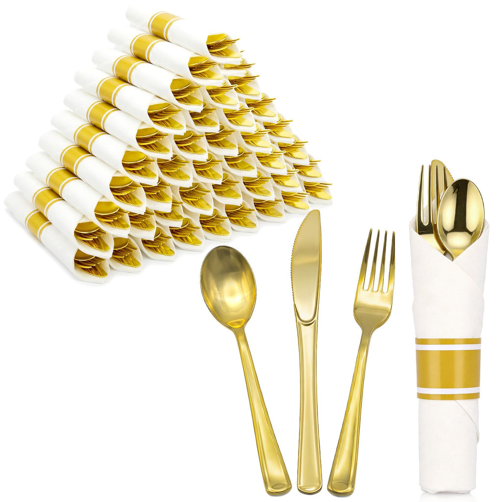 cheerserve Plastic Silverware Set Include Forks,Knives,Spoons and Napkins Heavy Duty Plastic Utensils for Party,Wedding