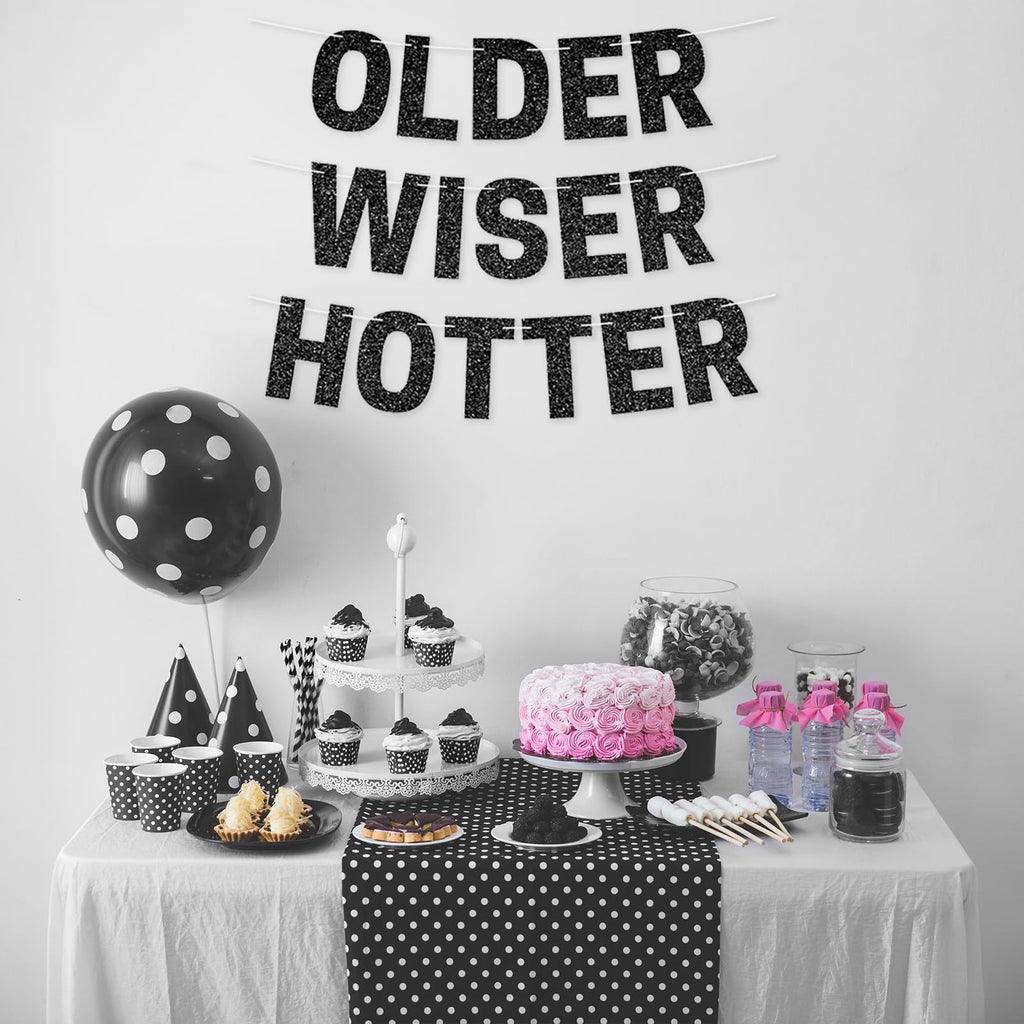 Older Wiser Hotter Banner, Red Glitter Birthday Celebration Decorations, DIY Birthday Banner Backdrop Wall Decor Party Supplies for 30th - 80th