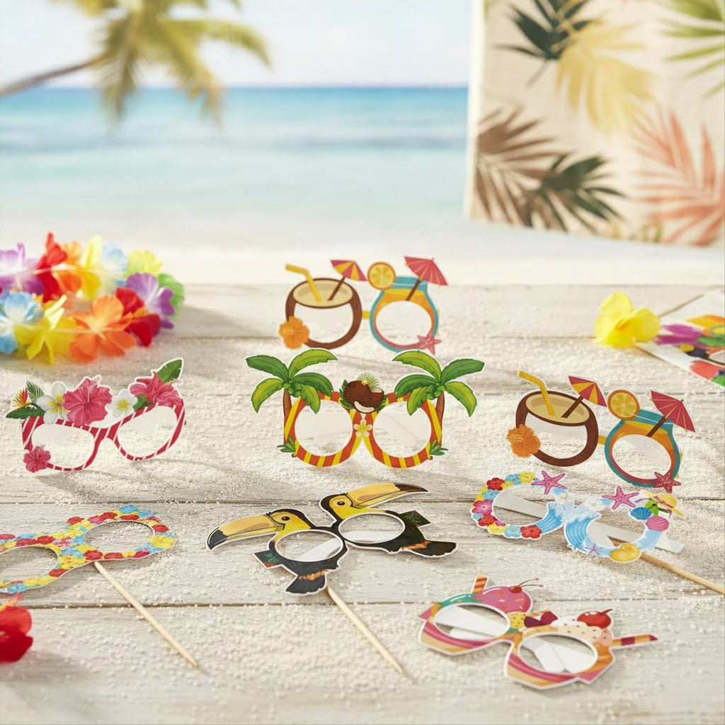 Syyavrrta Paper Photo Booth Props, Hawaiian Themed Wearable Cutouts for Luau and Beach Parties, 8-Piece Set with Tropical Designs
