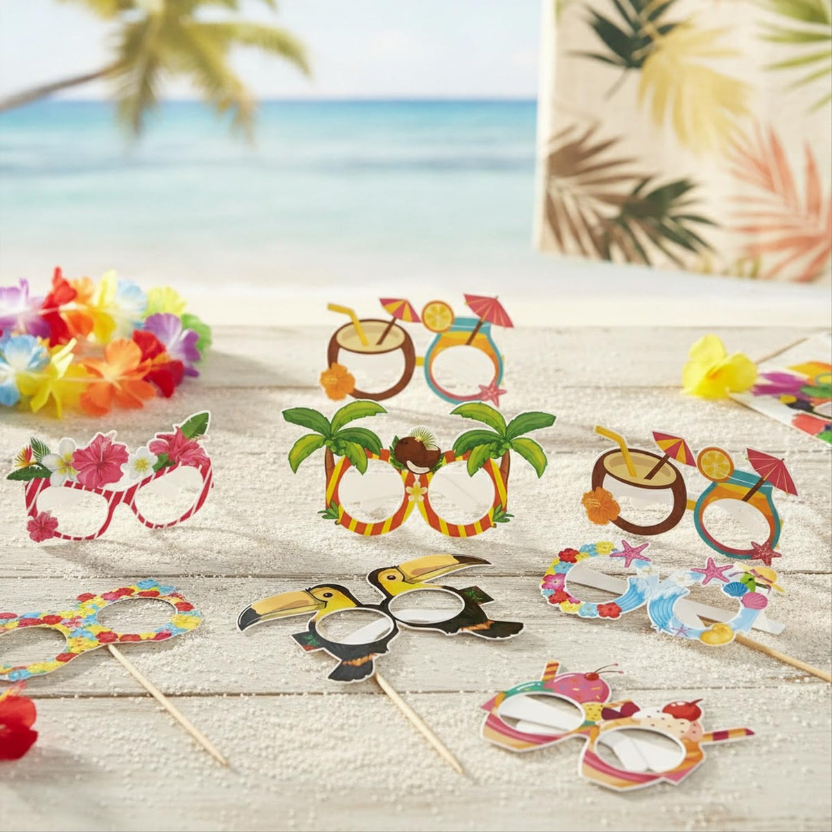 Syyavrrta Paper Photo Booth Props, Hawaiian Themed Wearable Cutouts for Luau and Beach Parties, 8-Piece Set with Tropical Designs