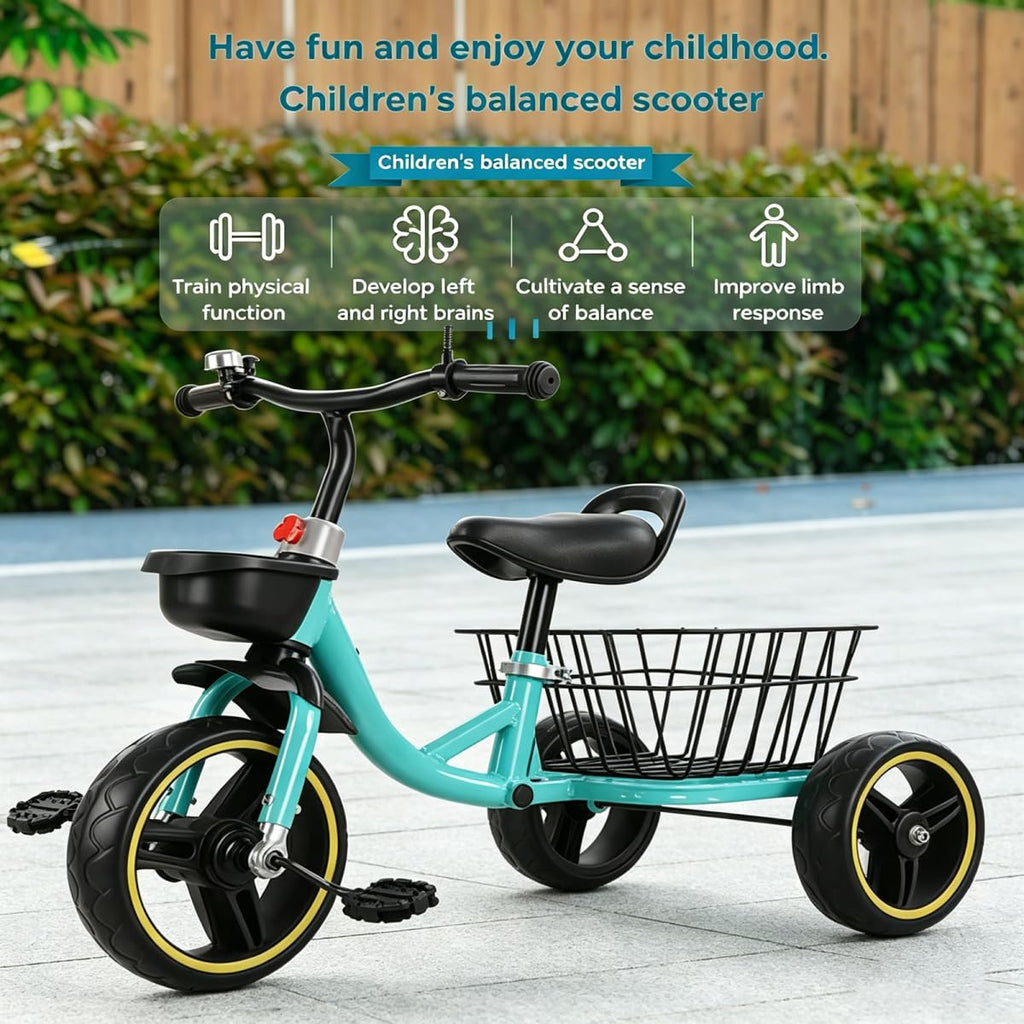 Kids Tricycle for Aged 1-4,Carbon Steel Frame Foam Wheels Triangular Structure Ride-On Toy,Three Wheels Trike with Adjustable Seat Front Rear Storage Baskets,Max Load 55lbs