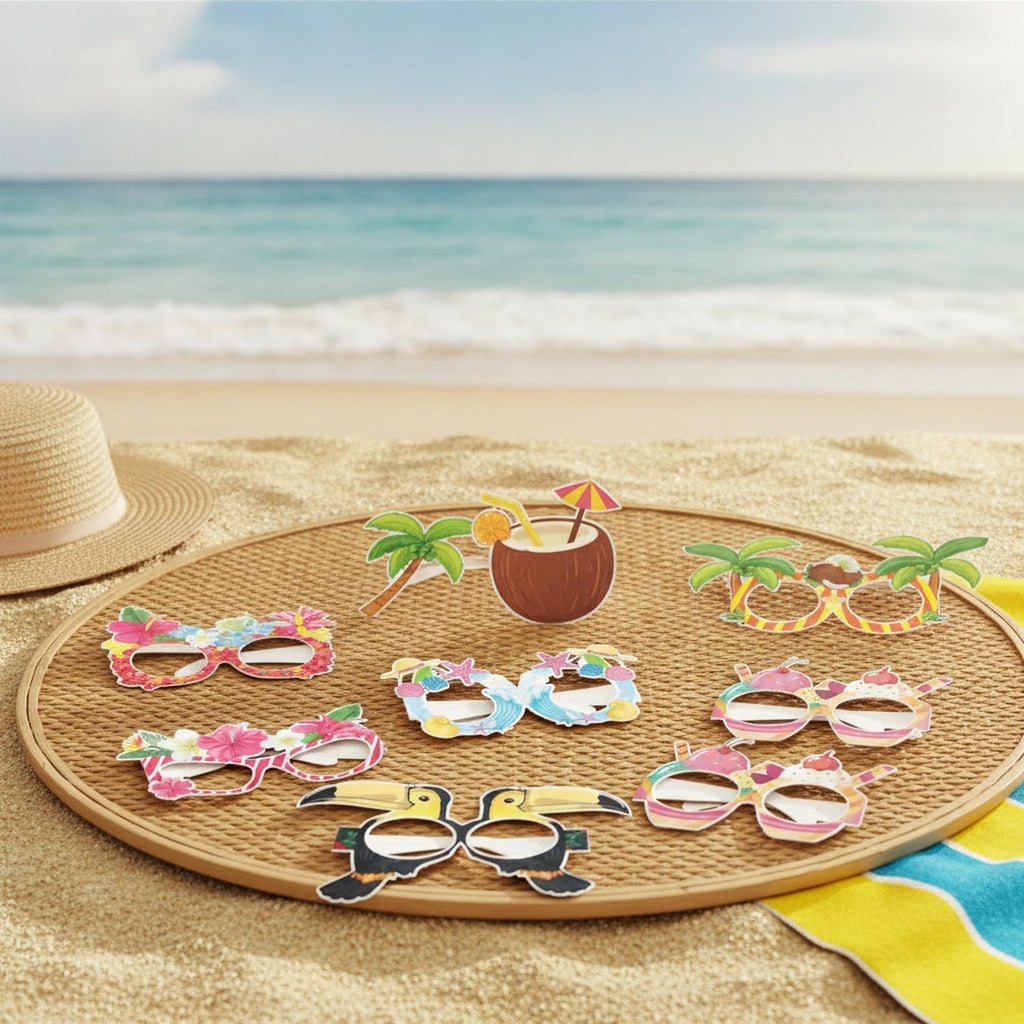 Syyavrrta Paper Photo Booth Props, Hawaiian Themed Wearable Cutouts for Luau and Beach Parties, 8-Piece Set with Tropical Designs