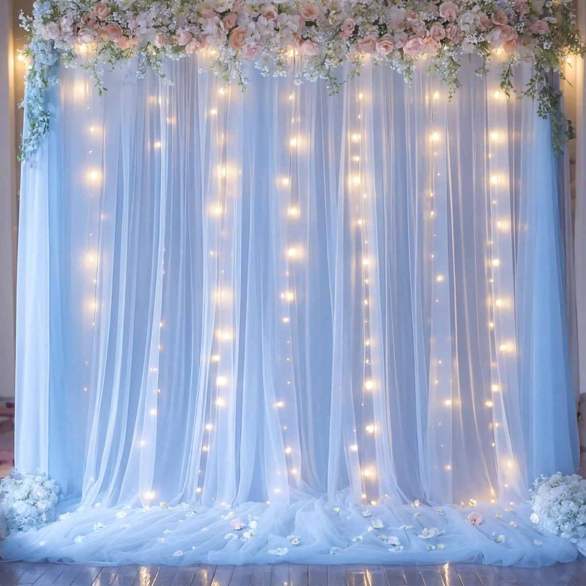 Sheer Tulle Backdrop Curtains with String Lights for Events