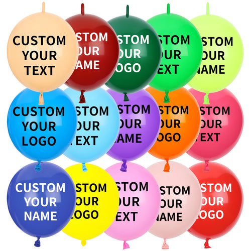 100 Pcs Custom Link Balloons with LOGO/Text –12 inch Personalized Latex Linking Balloons with Tail for Balloon Arch, Chain, Garland and Backdrop Setup for Decoration