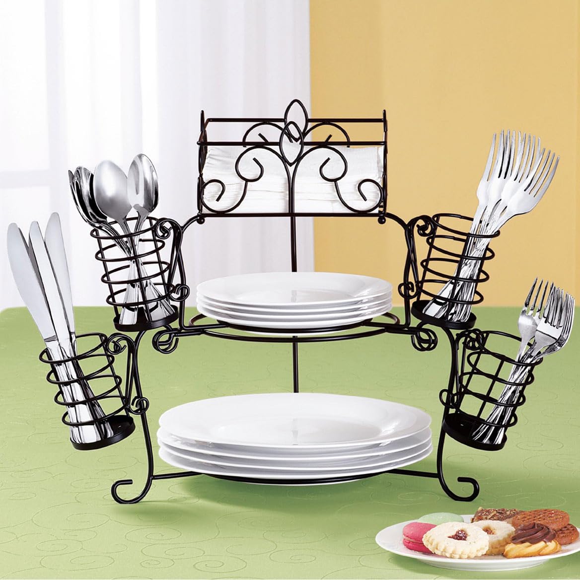 Collections Etc Metal Buffet Organizer with Scroll Design, 7-Piece Set for Plates, Napkins and Cutlery
