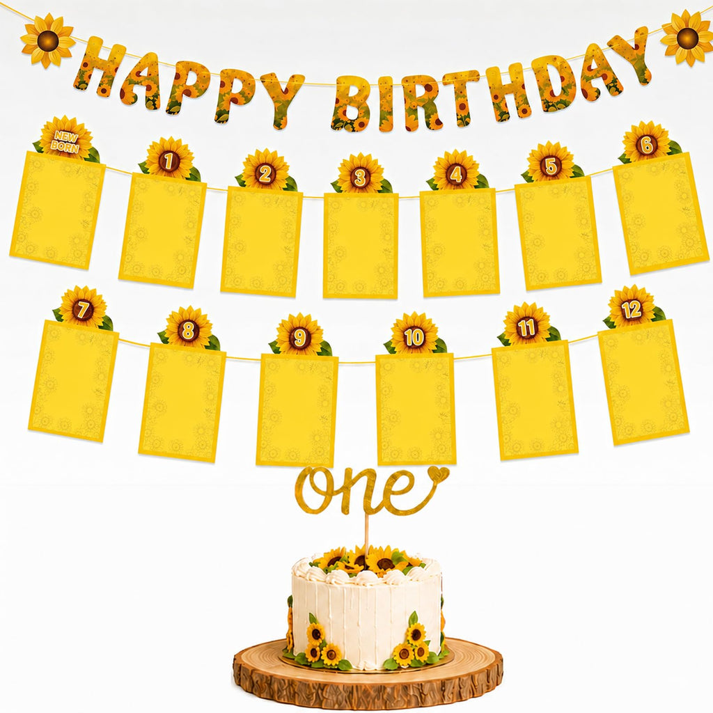 Msvphink Sunflower 1st Birthday Photo Banner Set – 29 pcs, Newborn to 12 Months Milestone Banner, Happy Birthday Banner & Gold "one" Cake Topper, 4x6 5x7 Photos, Baby Boy Girl First Birthday Decorations