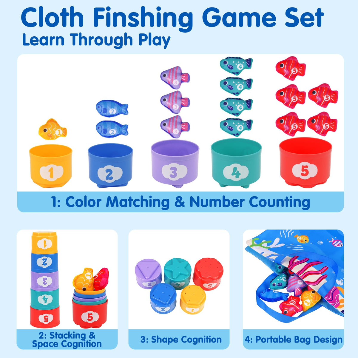Arovan Montessori Toys for 1 Year Old - 10 in 1 Cloth Toddler Fishing Game with Stacking Cups, Baby Toy 12-18 Months One Year Old Boy Birthday Gift, Toddler Toys for 1 2 Year Old Boy Girl Gifts