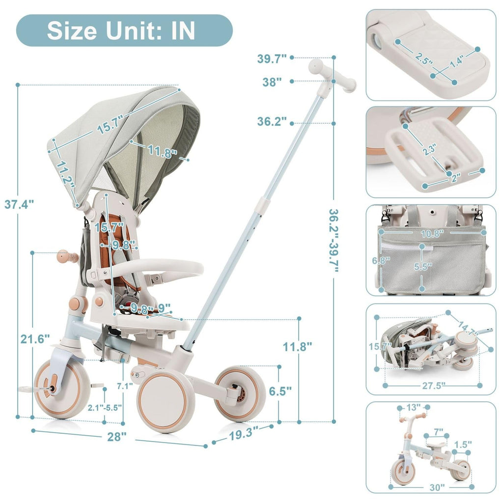 7 in 1 Baby Tricycle with Parent Push Handle, Foldable Toddler Trike with Removable Adjustable Handlebar, Kids Stroller Bike with Sun Canopy Storage Basket for Ages 1 to 5