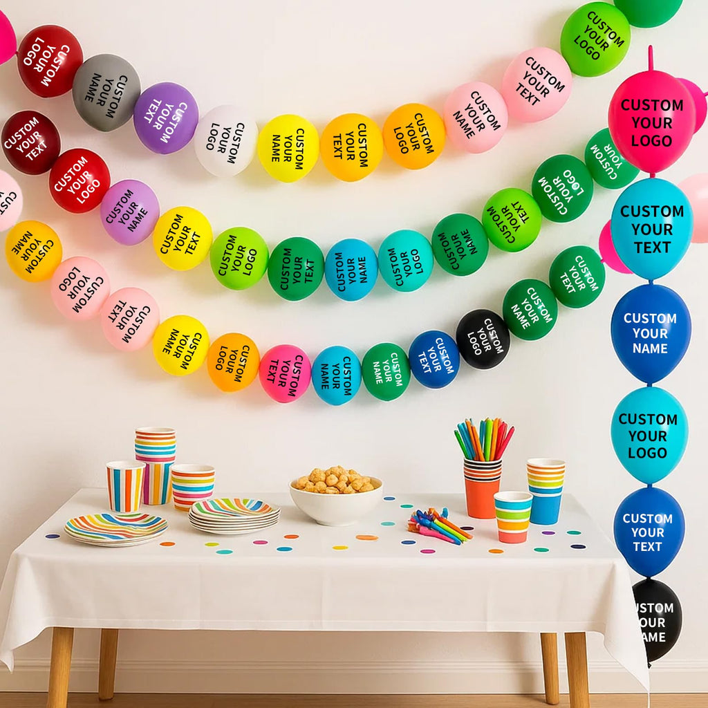 100 Pcs Custom Link Balloons with LOGO/Text –12 inch Personalized Latex Linking Balloons with Tail for Balloon Arch, Chain, Garland and Backdrop Setup for Decoration