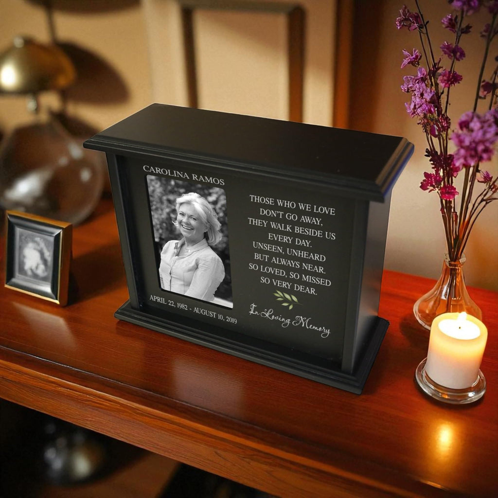 LifeSong Milestones Personalized Engraved Wooden Cremation Urn Box for Adult Human Ashes 4.5x9in Holds 4x6 Photo Picture Frame for Loss of Loved One Those who we love Holds 175cu.in Human Ashes