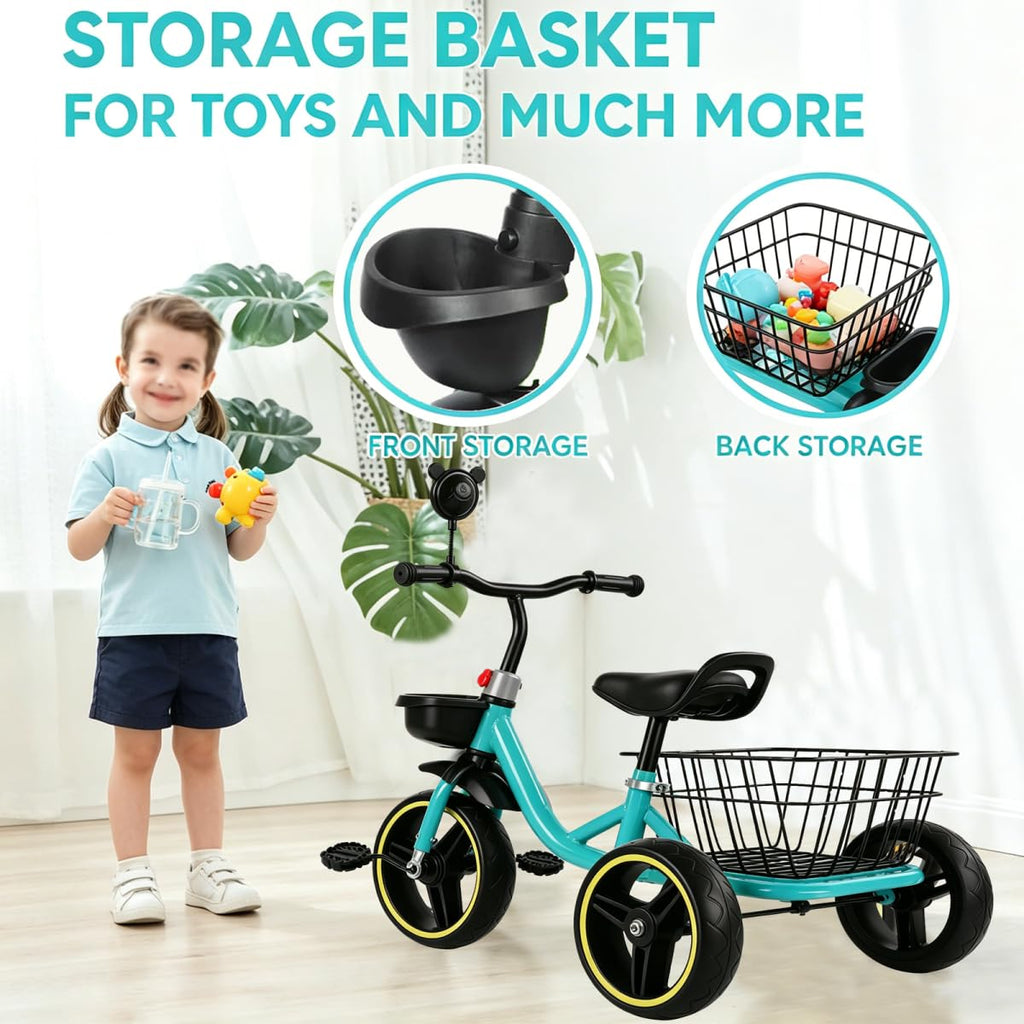 Kids Tricycle for Aged 1-4,Carbon Steel Frame Foam Wheels Triangular Structure Ride-On Toy,Three Wheels Trike with Adjustable Seat Front Rear Storage Baskets,Max Load 55lbs