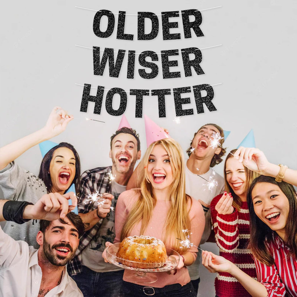 Older Wiser Hotter Banner, Red Glitter Birthday Celebration Decorations, DIY Birthday Banner Backdrop Wall Decor Party Supplies for 30th - 80th
