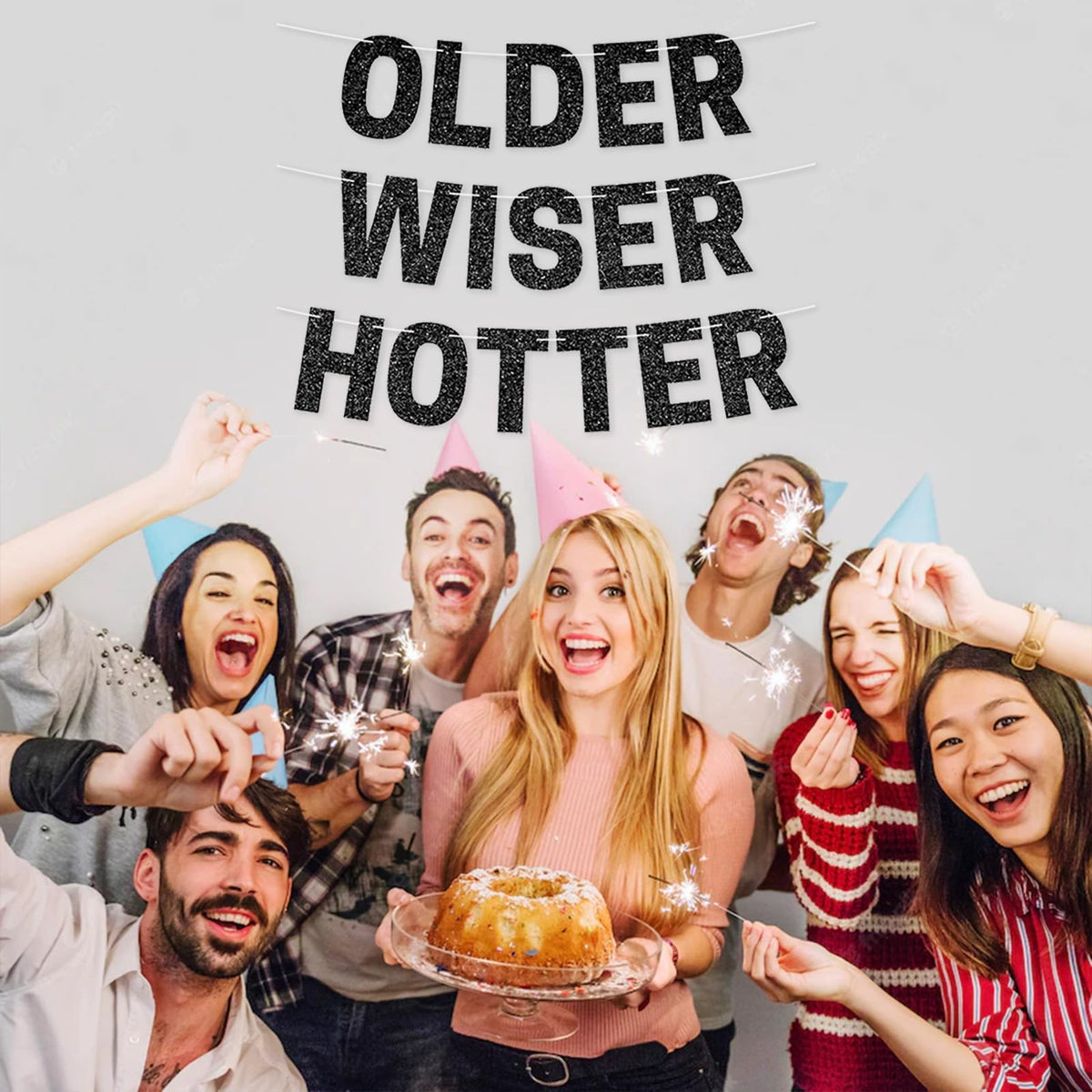 Older Wiser Hotter Banner, Red Glitter Birthday Celebration Decorations, DIY Birthday Banner Backdrop Wall Decor Party Supplies for 30th - 80th
