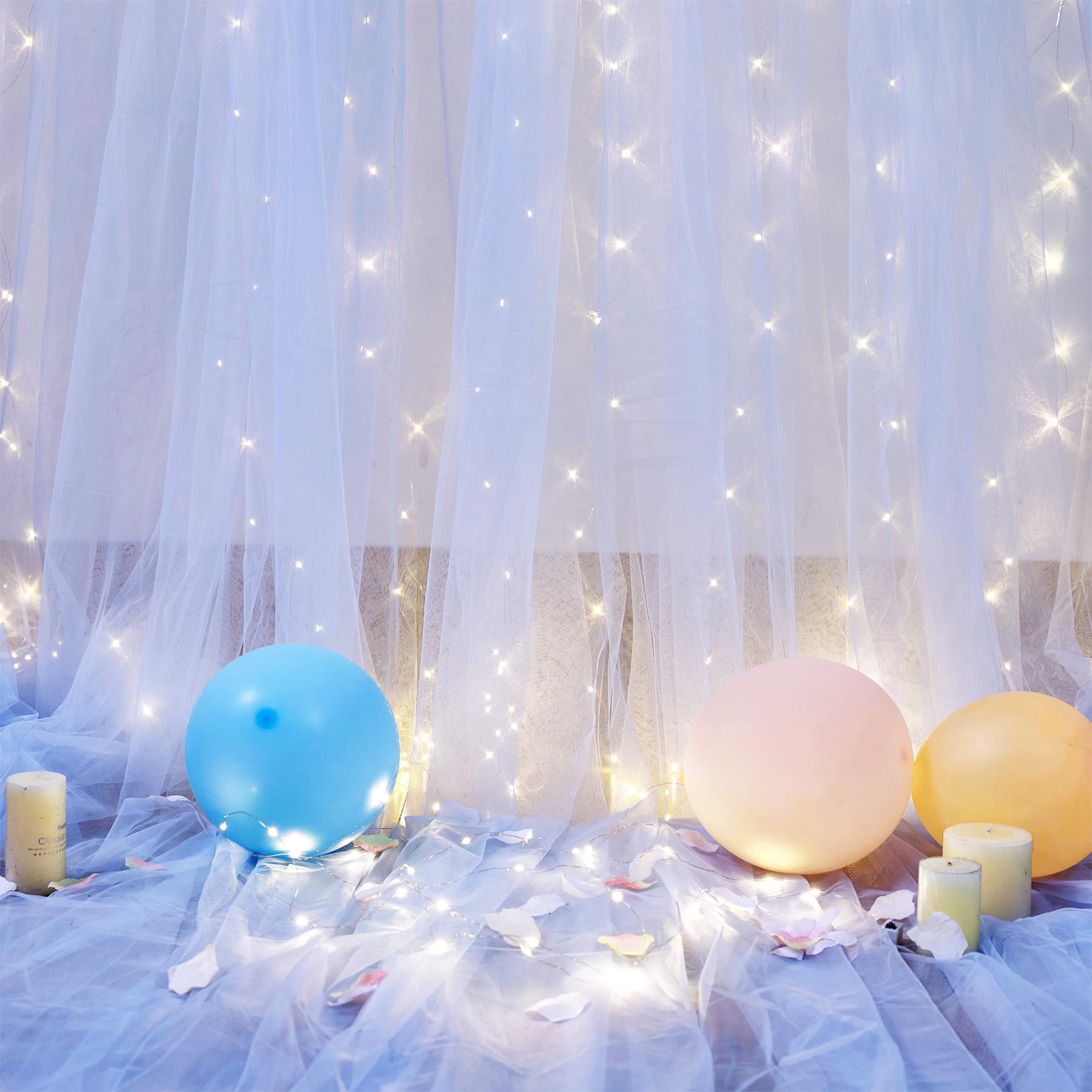 Sheer Tulle Backdrop Curtains with Lights String for Parites Wedding Chiffon Backdrop Curtain for Bridal Shower Baby Shower Birthday Party Photo Shoot Background Wall Decorations